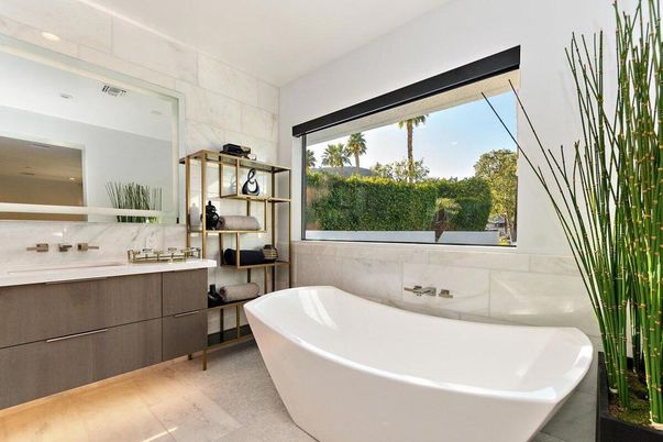 Bathroom, Free Standing Baths, Interior, Marble Walls, Recessed Lighting
