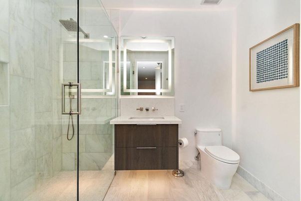 Bathroom, Glass Shower, Interior, Marble, Marble Walls, Wood Texture Flooring