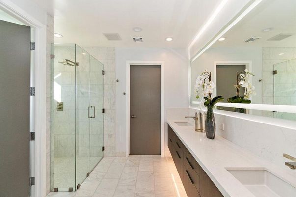 Bathroom, Dual Sink Vanities, Glass Shower, Interior, Marble, Marble Walls, Recessed Lighting