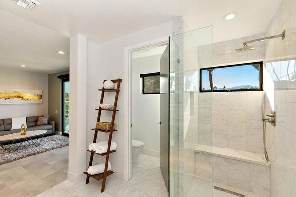 Bathroom, Glass Shower, Interior, Marble, Marble Walls, Recessed Lighting