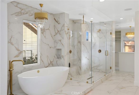 Bathroom, Chandelier, Free Standing Baths, Glass Shower, Interior, Marble, Marble Walls, Recessed Lighting
