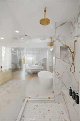 Bathroom, Glass Shower, Interior, Marble, Marble Walls, Recessed Lighting