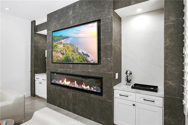 Fireplace, Interior, Marble Walls, Recessed Lighting