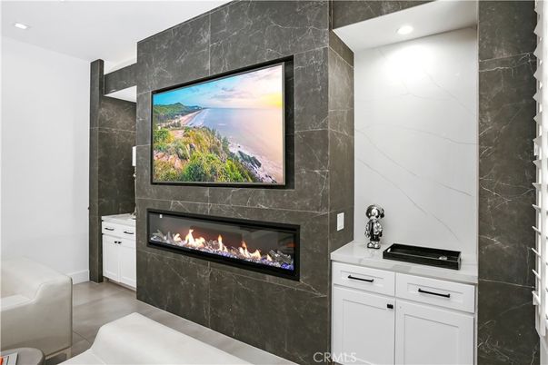 Fireplace, Interior, Marble Walls, Recessed Lighting