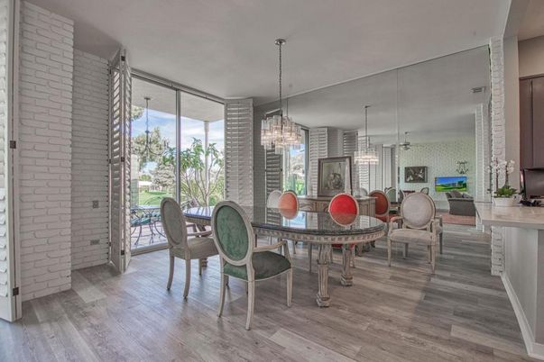 Chandelier, Dining room, Fireplace, Interior, Pendant Lights, Stone Walls, Wood Texture Flooring