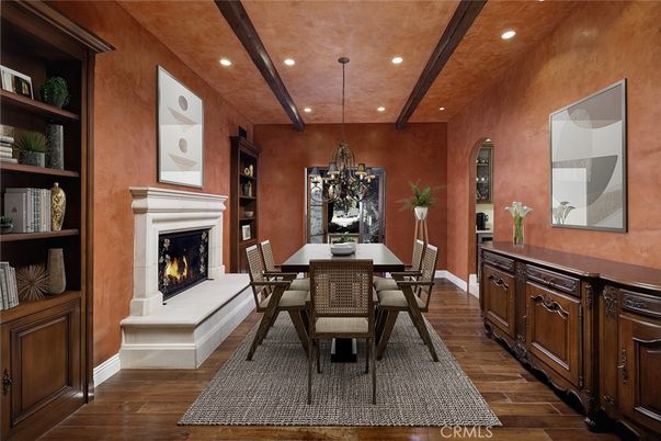 Chandelier, Dining room, Fireplace, Interior, Recessed Lighting, Wooden Beams, Wood Texture Flooring