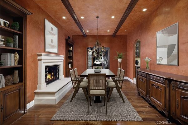 Chandelier, Dining room, Fireplace, Interior, Recessed Lighting, Wooden Beams, Wood Texture Flooring