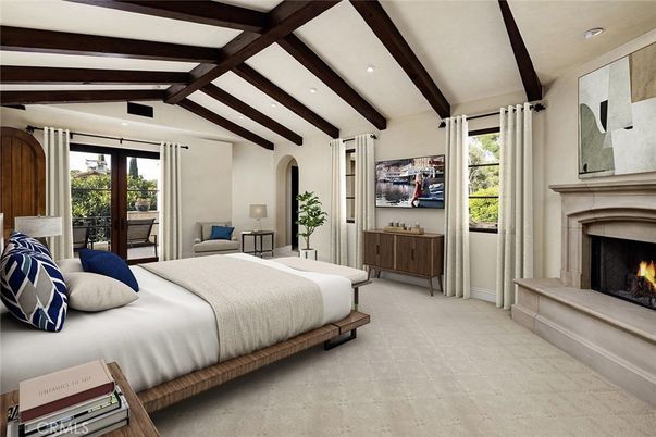 Bedroom, Fireplace, Interior, Recessed Lighting, Wooden Beams