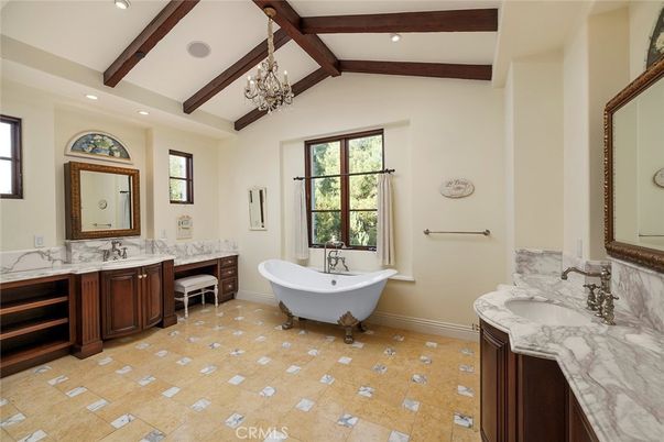 Bathroom, Chandelier, Dual Sink Vanities, Free Standing Baths, Interior, Recessed Lighting, Wooden Beams