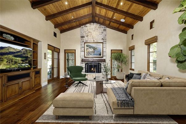 Fireplace, Interior, Living room, Recessed Lighting, Stone Walls, Wooden Beams, Wooden Ceilings, Wood Texture Flooring
