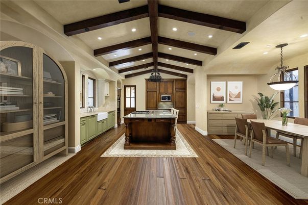Dining room, Interior, Kitchen, Pendant Lights, Recessed Lighting, Wooden Beams, Wood Texture Flooring