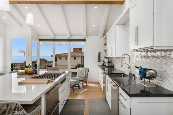 Interior, Kitchen, Pendant Lights, Recessed Lighting, Stainless Steel Appliances, Water, Wood Texture Flooring
