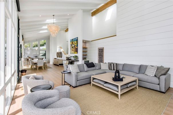 Chandelier, Dining room, Interior, Living room, Recessed Lighting, Wooden Beams, Wood Texture Flooring
