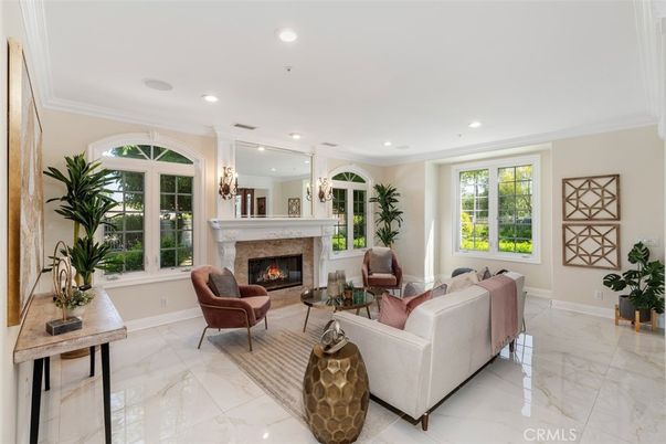 Fireplace, Interior, Living room, Marble, Recessed Lighting