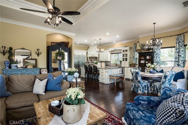 Chandelier, Dining room, Interior, Kitchen, Living room, Recessed Lighting, Stainless Steel Appliances, Wood Texture Flooring