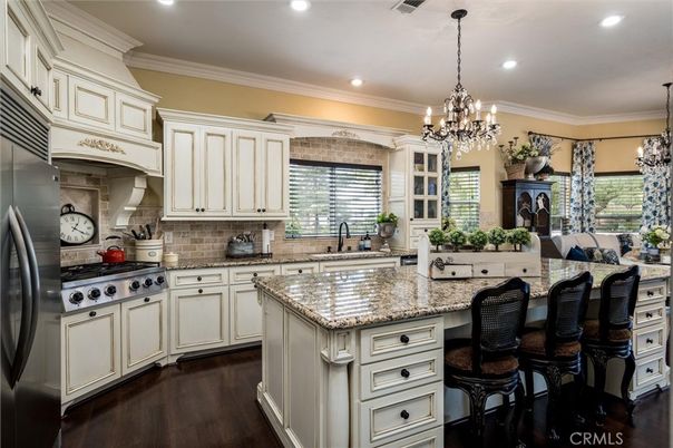 Chandelier, Interior, Kitchen, Pendant Lights, Recessed Lighting, Stainless Steel Appliances, Wood Texture Flooring