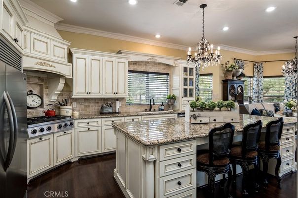 Chandelier, Interior, Kitchen, Pendant Lights, Recessed Lighting, Stainless Steel Appliances, Wood Texture Flooring