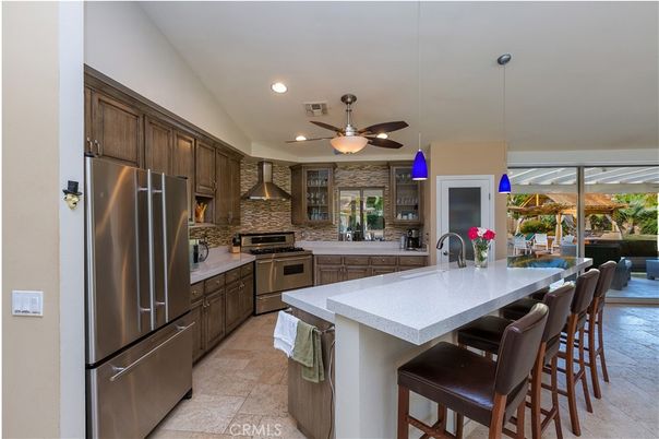 Interior, Kitchen, Pendant Lights, Recessed Lighting, Stainless Steel Appliances, Stone Walls