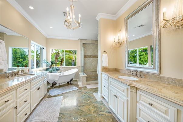 Bathroom, Chandelier, Dual Sink Vanities, Free Standing Baths, Glass Shower, Interior, Recessed Lighting