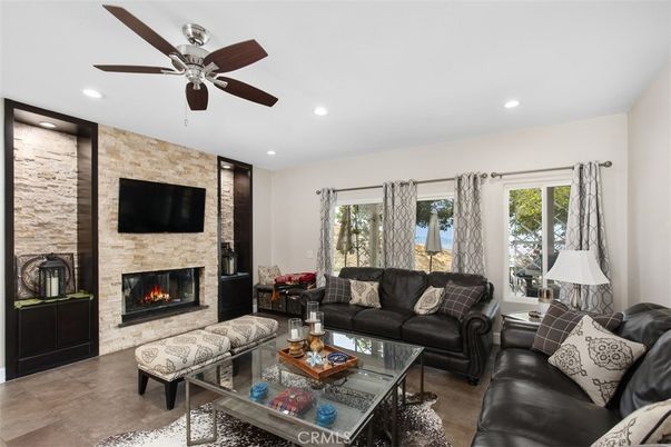 Fireplace, Interior, Living room, Recessed Lighting, Stone Walls