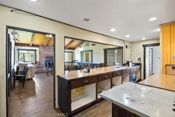 Dining room, Interior, Kitchen, Recessed Lighting, Stone Walls, Wooden Ceilings, Wood Texture Flooring