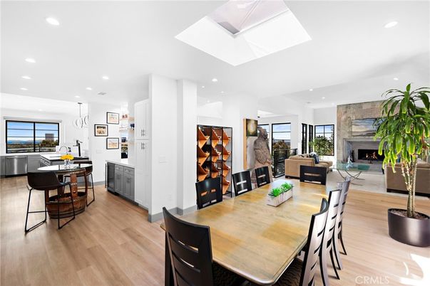 Dining room, Fireplace, Interior, Kitchen, Living room, Pendant Lights, Recessed Lighting, Stone Walls, Wood Texture Flooring