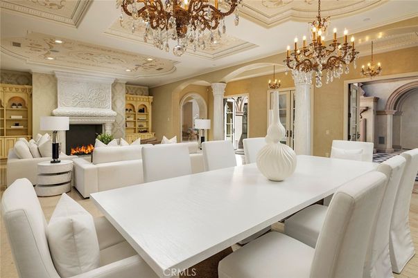 Chandelier, Dining room, Fireplace, Interior, Living room, Recessed Lighting