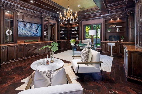 Chandelier, Home Office, Interior, Living room, Recessed Lighting, Wooden Beams, Wood Texture Flooring, Wooden Walls