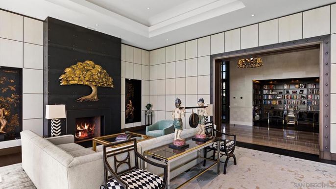 Chandelier, Fireplace, Interior, Living room, Recessed Lighting, Wood Texture Flooring