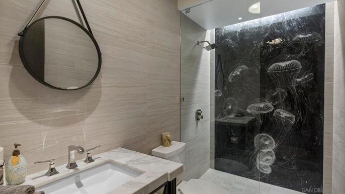 Bathroom, Glass Shower, Interior, Marble Walls, Recessed Lighting