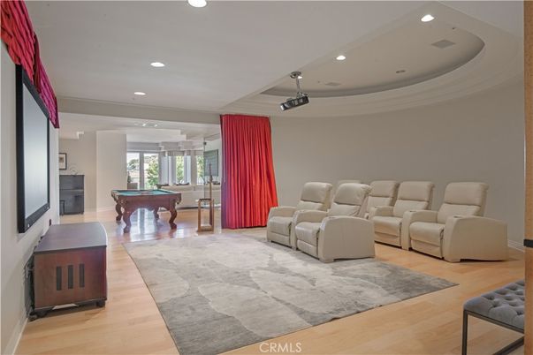 Billiard Table, Home Theatre Room, Game Room, Interior, Projection Screen, Recessed Lighting, Wood Texture Flooring