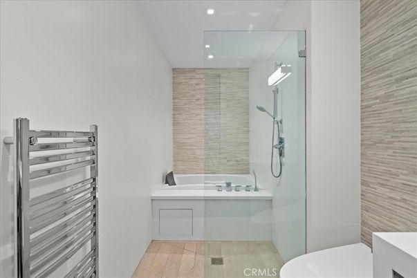 Bathroom, Glass Shower, Interior, Recessed Lighting, Wood Texture Flooring