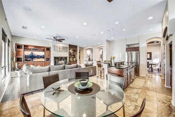 Dining room, Fireplace, Interior, Kitchen, Living room, Recessed Lighting, Stainless Steel Appliances