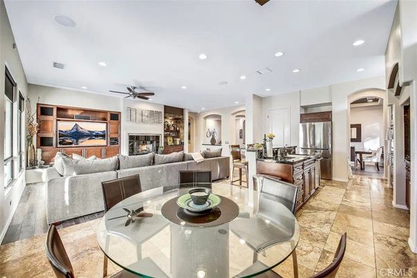 Dining room, Fireplace, Interior, Kitchen, Living room, Recessed Lighting, Stainless Steel Appliances