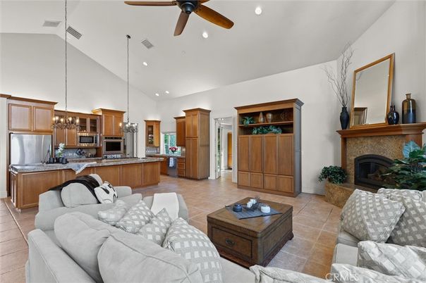 Fireplace, Interior, Kitchen, Living room, Pendant Lights, Recessed Lighting, Stainless Steel Appliances
