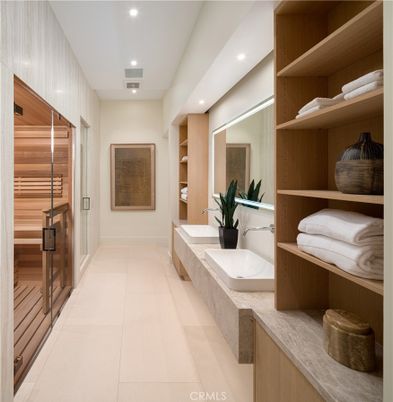 Bathroom, Dual Sink Vanities, Interior, Recessed Lighting, Wooden Walls