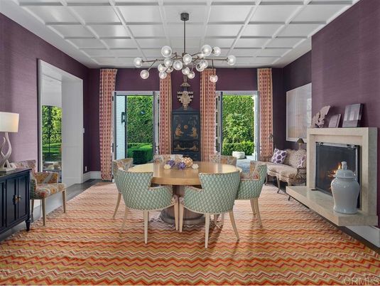 Dining room, Fireplace, Interior, Pendant Lights