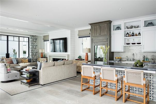 Fireplace, Interior, Kitchen, Living room, Recessed Lighting, Wood Texture Flooring