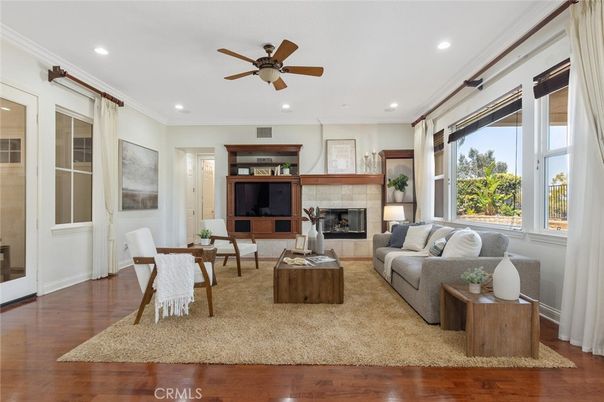 Fireplace, Interior, Living room, Recessed Lighting, Wood Texture Flooring