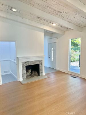 Empty room, Fireplace, Interior, Recessed Lighting, Wood Texture Flooring