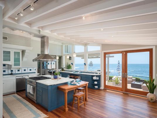Interior, Kitchen, Pendant Lights, Recessed Lighting, Stainless Steel Appliances, Water, Wood Texture Flooring