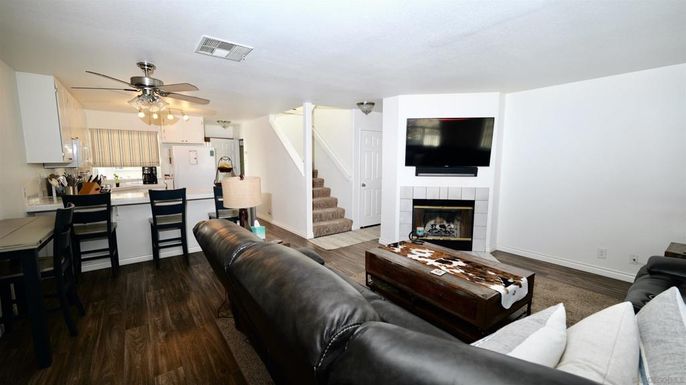 Fireplace, Interior, Kitchen, Living room, Wood Texture Flooring