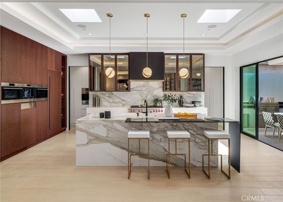 Interior, Kitchen, Marble Walls, Pendant Lights, Recessed Lighting, Stainless Steel Appliances, Wood Texture Flooring