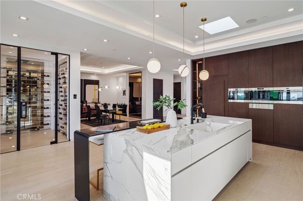 Dining room, Interior, Kitchen, Pendant Lights, Recessed Lighting, Wine Storage, Wood Texture Flooring