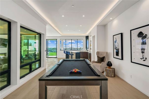 Billiard Table, Fitness Equipment, Game Room, Interior, Recessed Lighting, Wood Texture Flooring