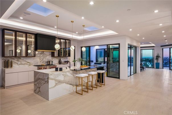 Interior, Kitchen, Marble Walls, Pendant Lights, Recessed Lighting, Wood Texture Flooring