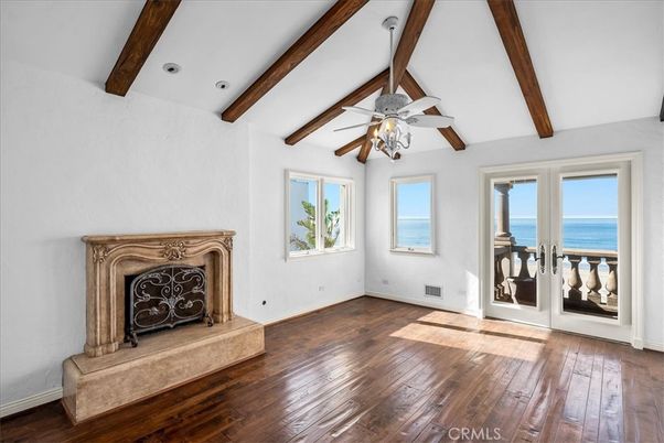 Empty room, Fireplace, Interior, Water, Wooden Beams, Wood Texture Flooring