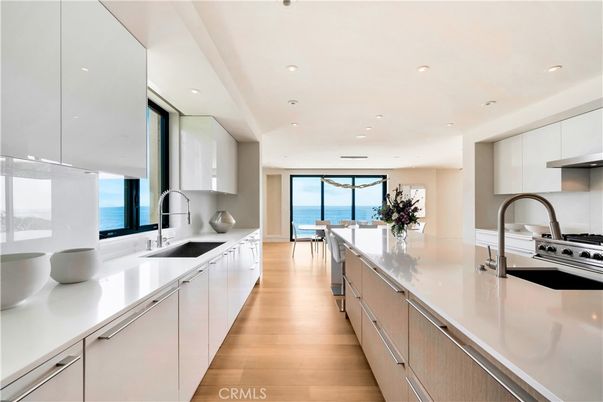 Interior, Kitchen, Recessed Lighting, Stainless Steel Appliances, Water, Wood Texture Flooring