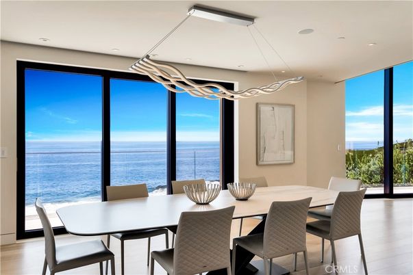 Dining room, Interior, Pendant Lights, Recessed Lighting, Water, Wood Texture Flooring