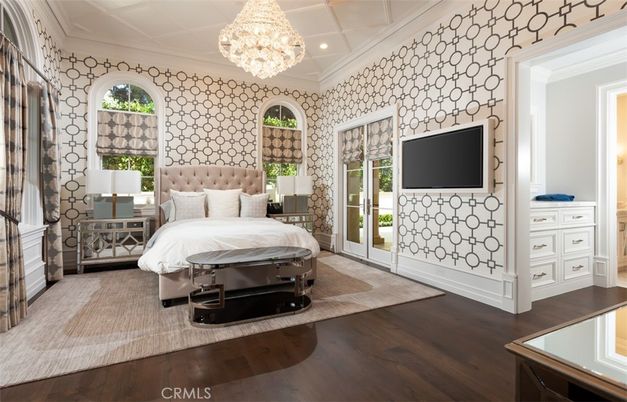 Bedroom, Chandelier, Interior, Recessed Lighting, Wood Texture Flooring